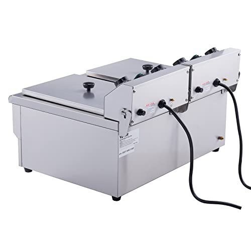 VEVOR Commerciële elektrische friteuse, 2 tanks van 12 l, 6000 W, oliefriteuse, roestvrij staal, met 2 frituurmanden, temperatuur en tijd, verstelbaar, 50-200 °C, voor uienringen, kip, gebakken - Afbeelding 4