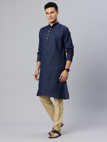 Image of Majestic Man Men's Cotton Regular Fit Traditional Mandarin Collar Ethnic Motifs Solid Long Kurta