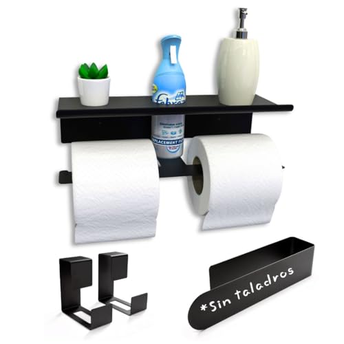 Accesorios Baño sin Taladro - Set de Baño 4 Piezas (Portarrollos Doble con Balda, Toallero y 2 Ganchos) - Accesorios Baño Negro Mate Texturizado - Kit de Instalación Incluido para un Montaje Sencillo