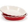 KooK Pie Pan, Ceramic Reusable Round Pie Dish, Quiche Baking Dish, Deep, Wave Edge, For Cakes, Tart, Casseroles, Tarts, Microwave, Oven and Dishwasher Safe, 9-Inch, 36 oz, Set of 2, Cherry