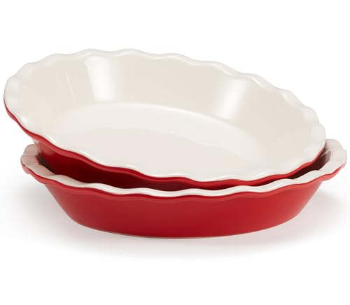 KooK Molde redondo reutilizable de cerámica de porcelana, bandeja para hornear profunda, borde ondulado, para pasteles, tartas, cazuelas, tartas, quiches, microondas, horno y lavavajillas, 9 pulgadas