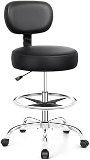 Drafting Chair with Backrest – Adjustable Foot Rest Rolling Stool with Wheels, PU Leather Swivel Stool for Office Spa Studio Lab Counter Salon Home Work Bar Kitchen Shop(Silver)