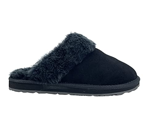 Image of Clarks Womens Open Back Suede Leather Comfort Clog Slipper JMS0583C - Plush Faux Fur Trim - Indoor Outdoor House Slippers For Women