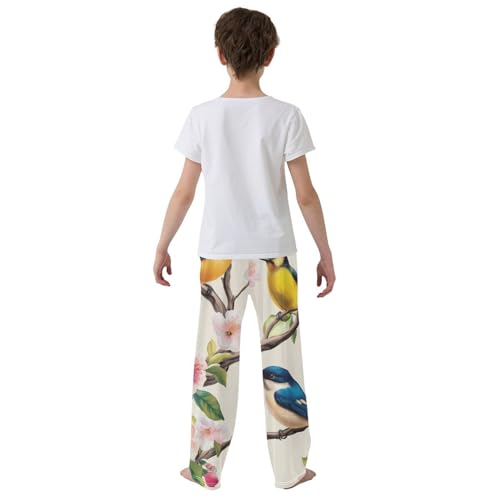 Bird Peach Flowers Boys Long Pants Soft Trousers Elastic Waist Kids Lounge Bottoms with Pockets S-XL3