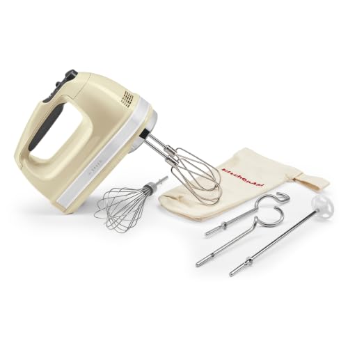 KitchenAid Batidora de Mano 9 Velocidades, Motor DC 85W con Arranque Suave, 6 Accesorios – Batidores, Varilla, Ganchos y Varilla Mezcladora, Cable Giratorio, Funda, Crema Almendra