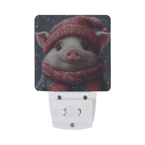 Image of Christmas Pig Night Lights 2 Pack Plug-in Wall Led Nightlight Auto Dusk-to-Dawn Sensor Lamps for Bedroom Kitchen Bathroom