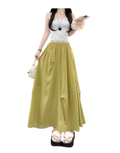 Pulcykp Women Summer Solid Pleated Midi Skirt Elastic Waist A-Line Umbrella Skirt Boho Beach Vacation Skirts4