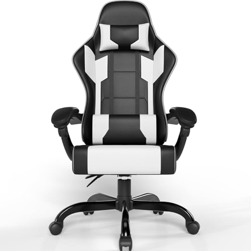 JUMMICO Gaming Stuhl, Bürostuhl Ergonomisch mit Lendenwirbelstütze, Massage Bürostühle Sessel, Höhenverstellbar Liegestuhl Schreibtischstuhl 150kg Belastbarkeit, Schwarz Weiß