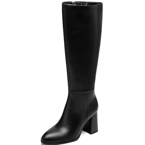 Women’s Knee High Boots Round Toe Chunky Heel Faux Leather Tall Riding Boots with Side Zipper