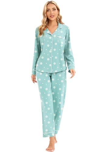 Image of LUBOT 100% Cotton Pajamas for Women Pajama Set 2 Piece PJ Sleepwear Set Soft Ladies Button Knit Long Sleeve Loungewear XS-XXL