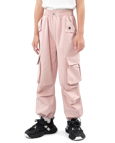 KAKU NANU Girls Cargo Trousers Wide Leg Joggers Pink Elastic Waist Cotton Baggy Cargo Trousers 12 13 Years
