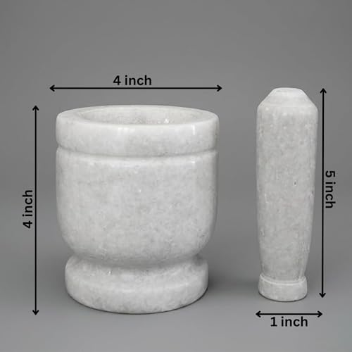 Image of JMH Mortar and Pestle Set 4 Inch White Marble | Hand Grinder for Spices, Herbs & Kitchen Use | Classic Round Design Khalbatta Okhli Musal (White, 4 Inch)