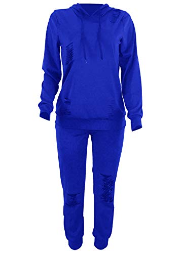 Women Casual Ripped Hole Pullover Hoodie Sweatpants 2 Piece Sport Jumpsuits Outfits Set (Blue, XL) - Thumbnail 3