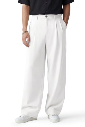 Heyfanee Pantalon Homme Habillé Taille Elastique Baggy Chino Pantalon Costume Homme Large Blanc 30W30L