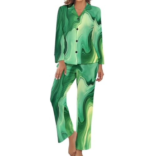 Pyjama femme deux pièces chic en marbre vert sauge pour nuit confortable