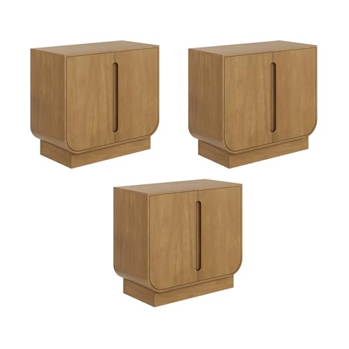 Image of Nathan James Joey Mid Century Modern Buffet Sideboard Storage Cabinet, Arched Accent Cabinet with Rounded Bottom Edges and Integrated Door Pull Cutouts, Light Brown, Set of 3