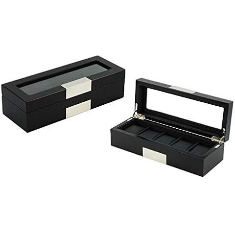 Caja organizadora de Madera para Relojes, 5 Piezas, Color Negro, con Detalles de Acero Inoxidable Cover