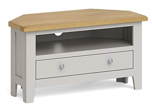 RoselandFurniture Grey Corner TV Unit with Storage 90cm | Country Style Painted Wooden Oak Top TV Stand with Drawer for Living Room, Fully Assembled Television Cabinet | Lundy