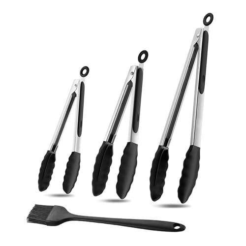 Consejos para Comprar Pinzas de cocina los 5 mejores. 44 3 Pinzas de Cocina, Pinzas de Silicona para Cocina de 7''/9''/12'', con Seguro y Cepillo para Parrilla. Resistentes al Calor Hasta 480°F para Cocinar, Servir, Ensalada