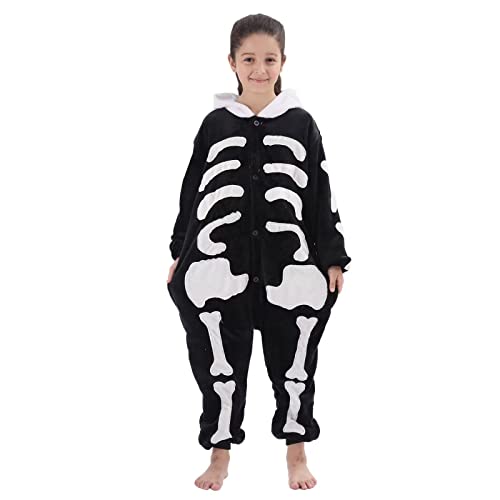 Hibciga Kids Onesie Costumes Animal Cosplay For Boys Girls Halloween Warm Plush One Piece Black Skeleton L #TOP6