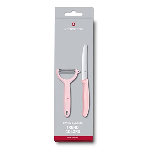 Victorinox Carbon Steel Swiss Classic Trend Colours Special Edition Kitchen And Household Set Of 1 Knife And 1 Peeler, 11 Cm Serrated Knife And Peeler- Rose Pink, Made In Switzerland #TOP1