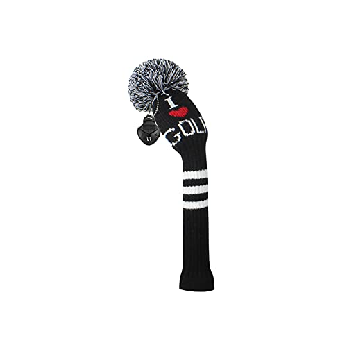 Scott Edward 1PCS Hybrid/UT Knitted Golf Club Cover Head Cover with a Pom Pom with Rotating Number Tags for Male/Female Golfers（I Love Golf