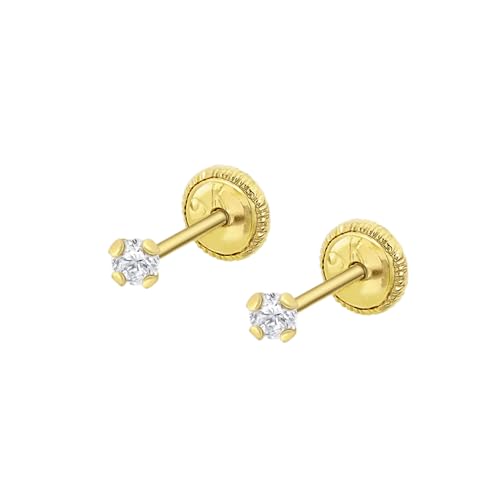 TIME ROAD Pendientes Bebé Niña de Oro 9K HIN00158/2 - Cierre Seguro de Rosca 2 mm - Infantil 3, 6, 12 a 24 meses - Ideal como Regalo de Nacimiento, Bautizo o Cumpleaños