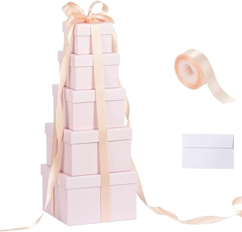 Cajas de regalo anidadas con tapas para regalos, juego de 5, caja de regalo cuadrada rosa con cinta, cajas de regalo apilables de varios tamaños para cumpleaños, boda, fiesta, regalo, propuesta de