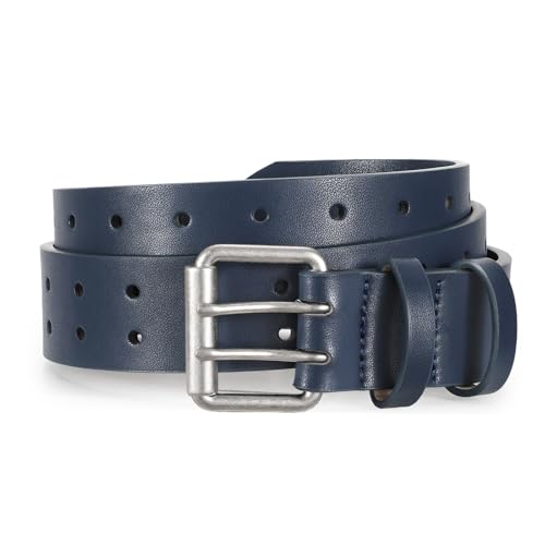 Image of JASGOOD Men Double Prong PU Leather Belt Casual Work Heavy Duty Belt Double Grommet Holes Belt for Jeans