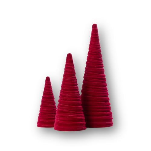 Image of Set of 3 Cranberry Velvet Cones Modern Christmas Tree (Cranberry)