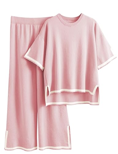 Image of Tanming Sweater Sets Women 2 Piece Lounge Sets Short Sleeve Knit Pullover Tops Wide Leg Pants