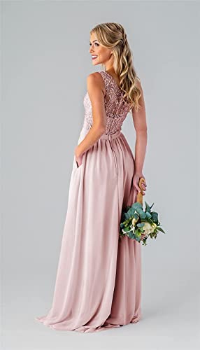 Image of LANGKAAO Women's One Shoulder Bridesmaid Dresses Long for Wedding with Pockets Lace Bodice A-Line Chiffon Formal Party Gown