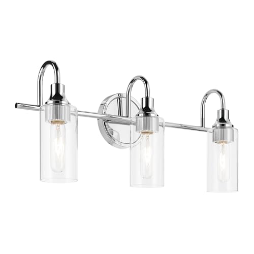 Image of Kichler Kavi 3-Light Bathroom Vanity Light, Chrome | Damp-rated vanity light with clear glass for bathroom mirrors (23 inch x 10 inch), 55211CH