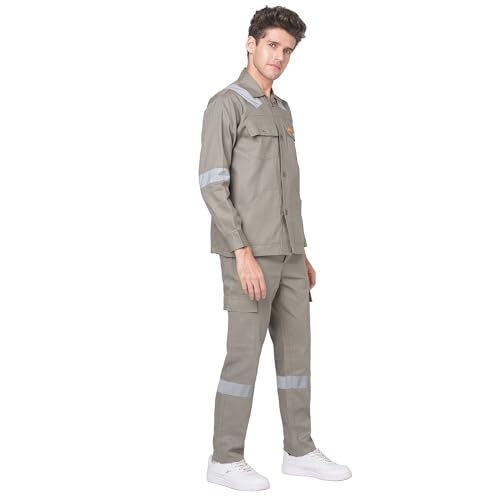 Image of Men's 100% Cotton Industrial Workwear Jacket & Pant Set with Reflective Tape, OEKOTEX, 200 GSM.