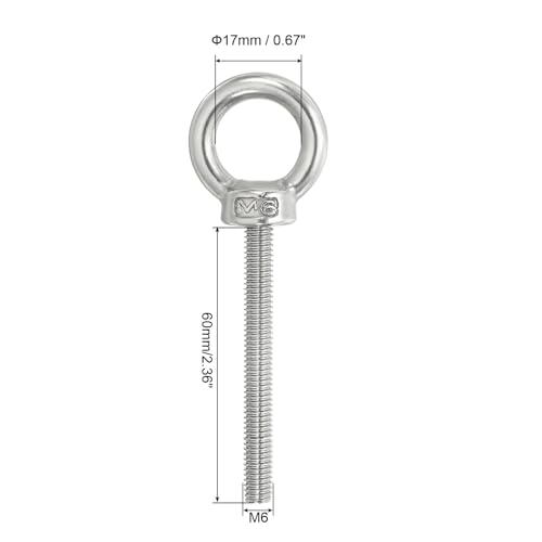 Image of PATIKIL M6 x 60mm Lifting Shoulder Eye Bolt, 3Pcs 304 Stainless Steel Lifting Ring Threaded Eyebolt with Nuts Washers for Hanging Hammocks Articles