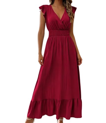 Robe d'été longue décontractée col en V taille smockée pour plage