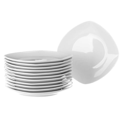 CasaSeleccion - 12 Platos Llanos de Porcelana Blanca - Juego de 12, Diseño Cuadrado, 25 cm, Aptos para Lavavajillas y Microondas, Color Blanco