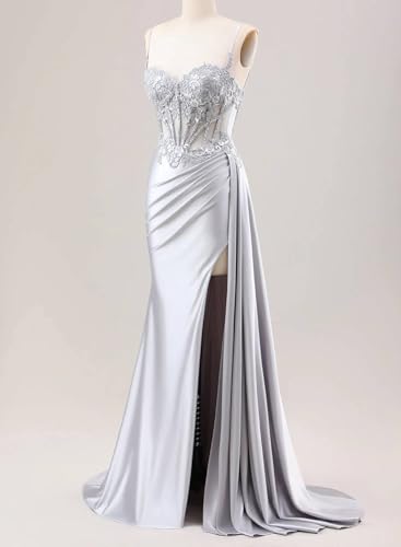 POMUYOO Spaghetti Strap Satin Prom Dresses with Sllit Lace Appliques Long Mermaid Evening Gown2