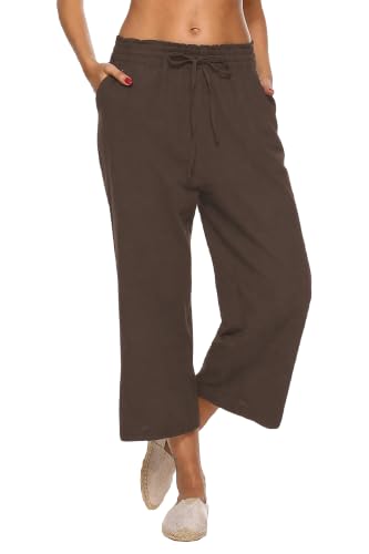 LNX Women's Linen Pants Wide Leg High Waisted Capri Pants with Pockets