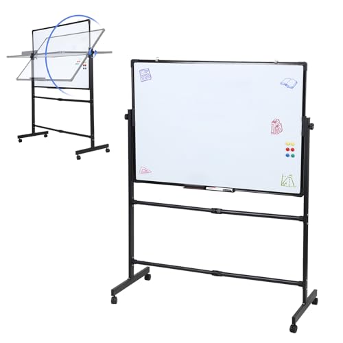 Tableau Blanc Effacable à Roulettes, Tableau Blanc Effacable sur Pied avec Support, Tableaus Blancs sur Pied avec 5 Marqueurs, 12 Punaises Magnétiques et 1 Effaceur (100cm)