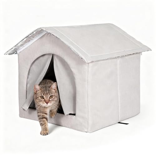 アウトドア猫シェルター | スクリーン付き 防寒 大型 ペット用品 - 冬用キャットハウス 暖かいシェルター | 寒冷天候用 中小型動物 室内 庭 ヤード パティオ ポーチ 芝生 バルコニー 対応