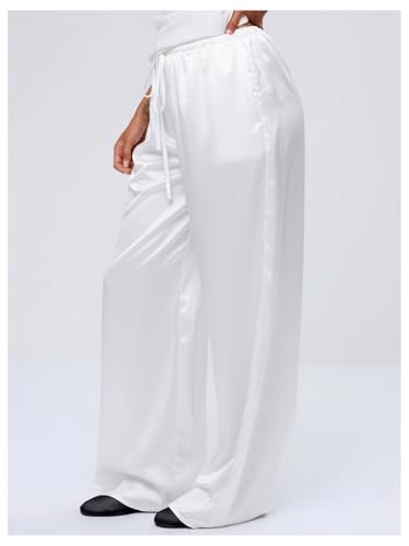 Image of MakeMeChic Women's Summer Satin Silk Pants Casual Flowy Pants Beach Vacation Wide Leg Pants