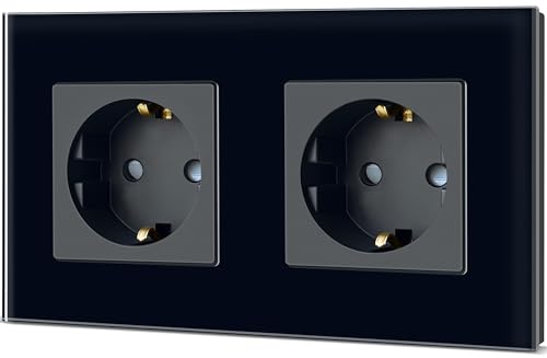 TAWOIA Schuko Steckdose, EU-Standard 2 Fach Glas Unterputz Steckdose 16Amp 250 V, Wandsteckdose mit Kristallglasplatte Schwarz 86×157mm