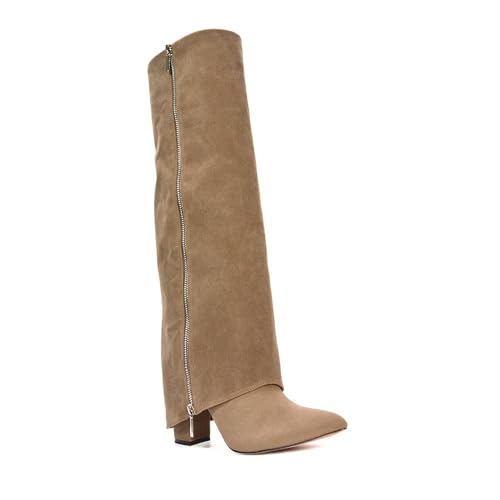 Image of ESSEX GLAM Women's Knee High Fold Over Boots Ladies Zip Details Classic Taupe Faux Leather Western Style Pointed Toe Long Shoes Size 3