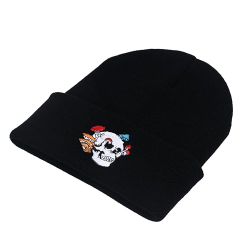 Image of Embroidered Skeleton Beanie Hat Winter Stretch Knit Skull Cap for Men Women
