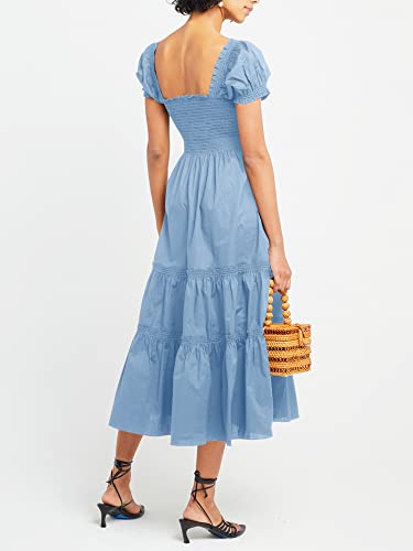 Zaful Womens Square Neck Short Puff Sleeve Smocked Tiered Ruffle A Line Solid Maxi Dress Blue #TOP2