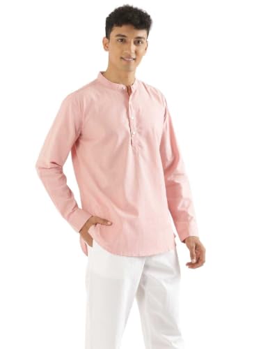 Image of SAADAA Men's Short Kurta - Linen Cotton Blend, Airy Fabric, Regular Fit, Mandarin Collar, Solid Color - Casual, Festive & Ethnic Wear