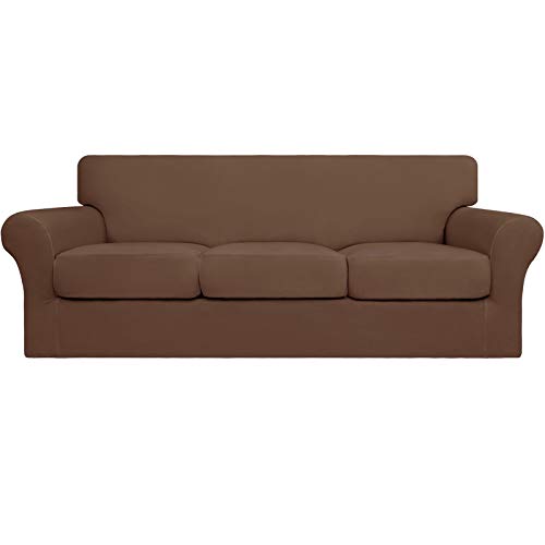 Image of Easy-Going 4 Pieces Stretch Soft Couch Cover for Dogs - Washable Sofa Slipcover for 3 Separate Cushion Couch - Elastic Furniture Protector for Pets, Kids (Sofa, Brown, Large) | Sofa Slipcover for Stretch 3 Separate Sectional Cushion Couch - Furniture Protector for Pets, Kids Brown
