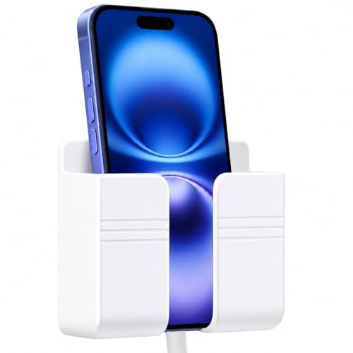 Decobay Wall Phone Holder Adhesive Phone Wall Mount with Cable Hole Bathroom Bedside Kitchen RV Phone Holder Compatible with iPhone Android Phones and Remote Controls (White)