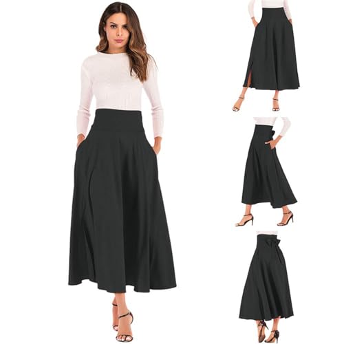 Women's Casual High-Waisted Pleated Maxi Skirt with Pockets，Solid Long Vintage Strappy Skirt4